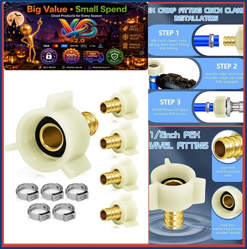 PEX Crimp Fittings 1/2 Inch Brass Swivel Elbow 5 Pack NPT Female Adapter