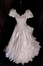 Vintage White Ruffles Train Bow Bustles Cap Sleeve Wedding Gown Dress Sz M