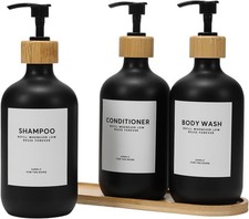 Reusable Pump Bottles with Labels for Bathroom D cor Black Bamboo Tray , 16.9