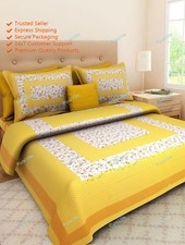 90x100 Yellow Jaipuri Bed Sheet With 2 Pillow Cover Printed Cotton Double