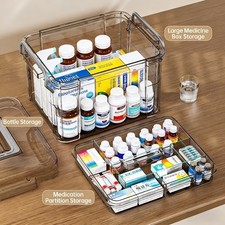 Dual-Layer Transparent Gray Portable Medicine Storage Box for Pills Liquids