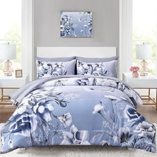 Floral Comforter Set Queen Size 7 Piece, Blue Flower Bed in a Bag, Elegant Gr...