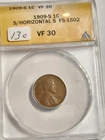 1909 S Lincoln Cent Anacs Horizontal S VF 30 FS-1502 Scarce Key Date Rare Coin