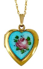 ANTIQUE ART NOUVEAU Gold Filled Blue Enamel ROSE HEART LOCKET Pendant Necklace