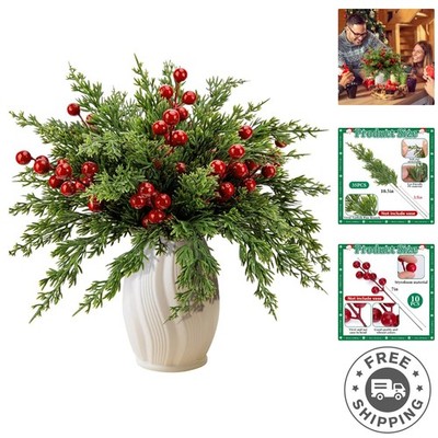 Realistic 45 Pcs Pine Branches with Red Berries - Indoor/Outdoor Holiday Decor