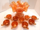 Imperial Carnival Glass, Marigold, Ruffled Edge Punch Bowl, Base, Nine Cups