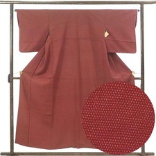 Recycled Tsumugi Silk Kimono Red Kasuri Pattern Lined Women's M B 