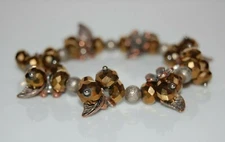 SILVERED FLOWER LEAVES CHARMS COPPER TONE GLASS BEADS STATEMENT STRETCH BRACELET