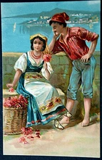 50711 AK Gypsy Woman Dancing With Musician On Wall Volcano Sea Costume 1900