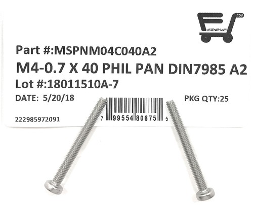 (25) M4-0.7 x40 Stainless Steel Phillips Pan Head Machine Screw DIN7985 A2 M4x40 - Bild 2 von 5