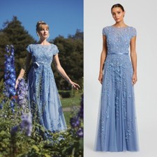 Mac Duggal NEW Blue Floral Embellished Short Sleeve Mesh Gown $698 - Size 18