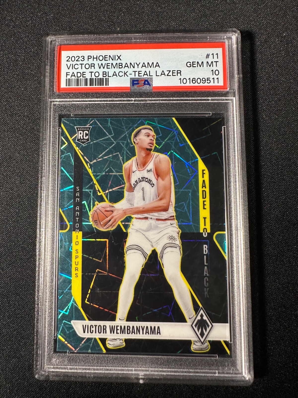 2023 PANINI PHOENIX FADE TO BLACK TEAL LAZER #11 VICTOR WEMBANYAMA ROOKIE PSA 10