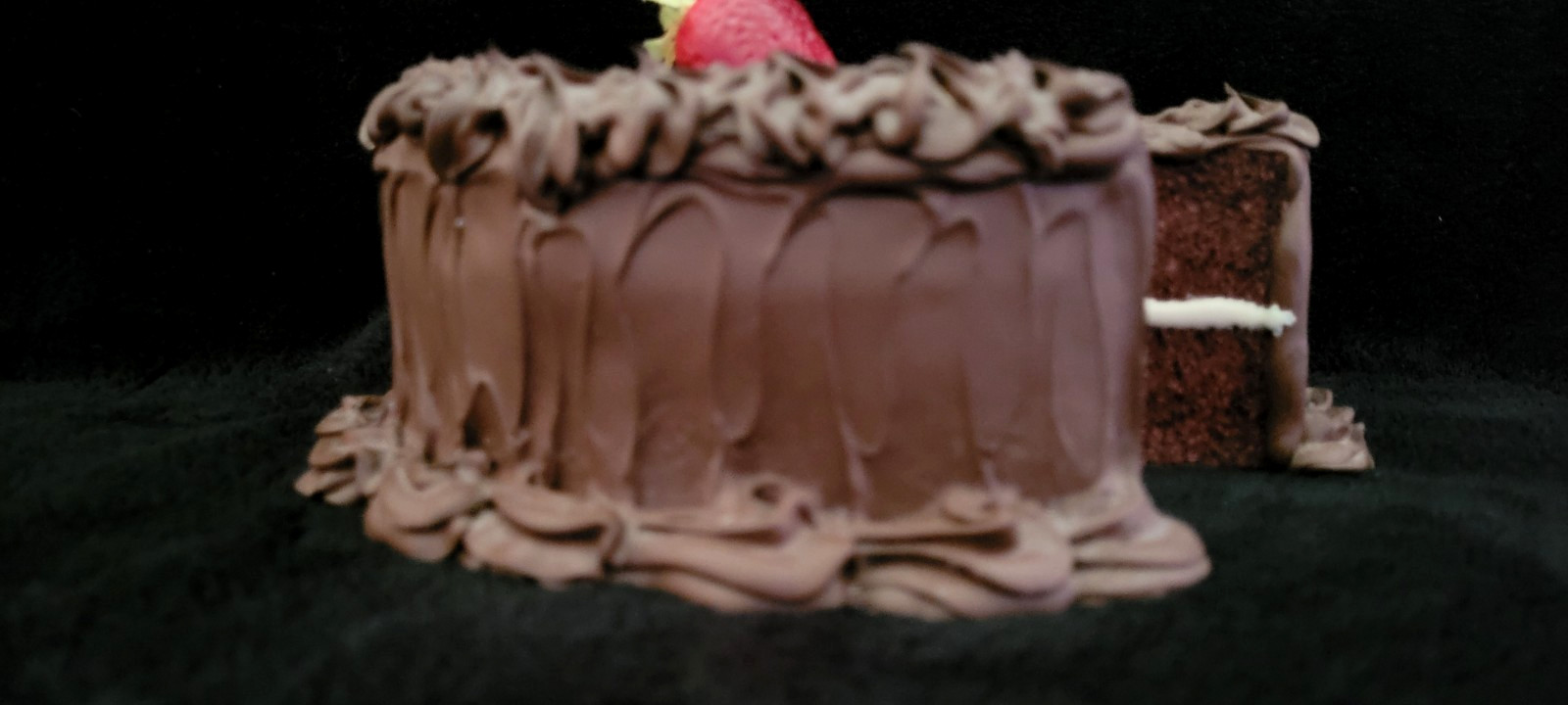 Vintage Fake Food Chocolate Icing Chocolate Slice out Cake with Strawberries 