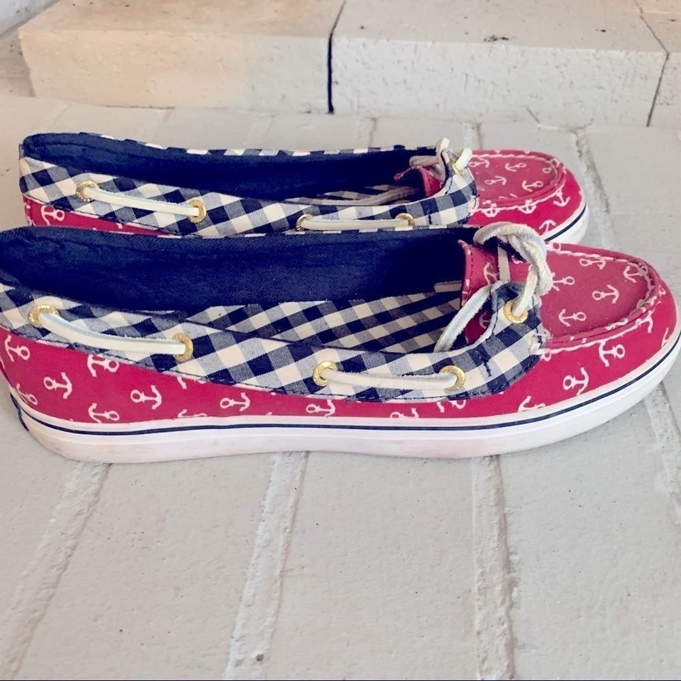 Sperry Red White Blue Check W/Anchor Print SZ 6.5 - Image 2 of 4