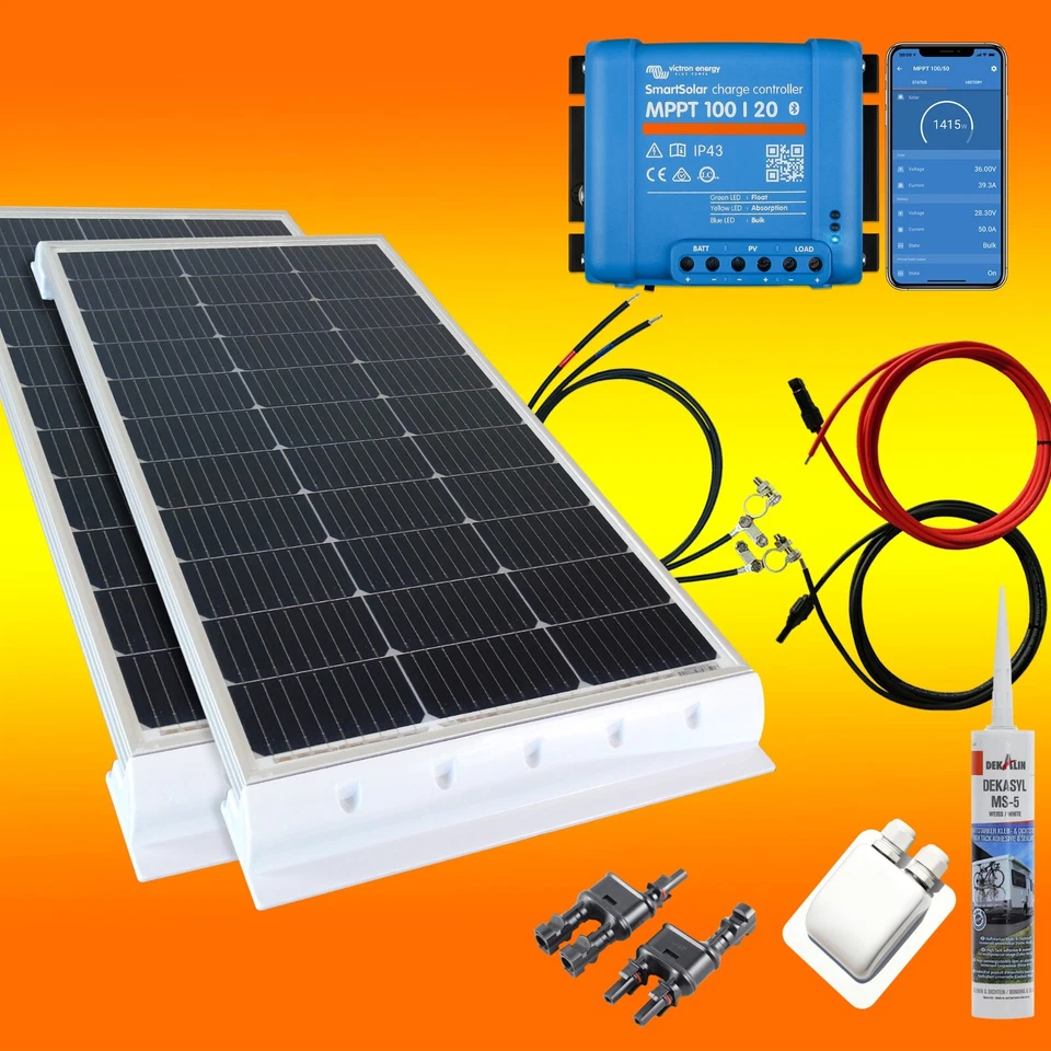 BAU-TECH SOLARENERGIE 300W Wohnmobil Solaranlage Set mit Victron MPPT 100/20 inkl. Bluetooth in weiß