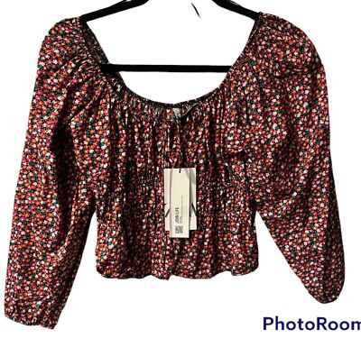 Zara Crop Top Womens Sz S Floral Puff Sleeve Ruched cottagecore Blogger Fave New