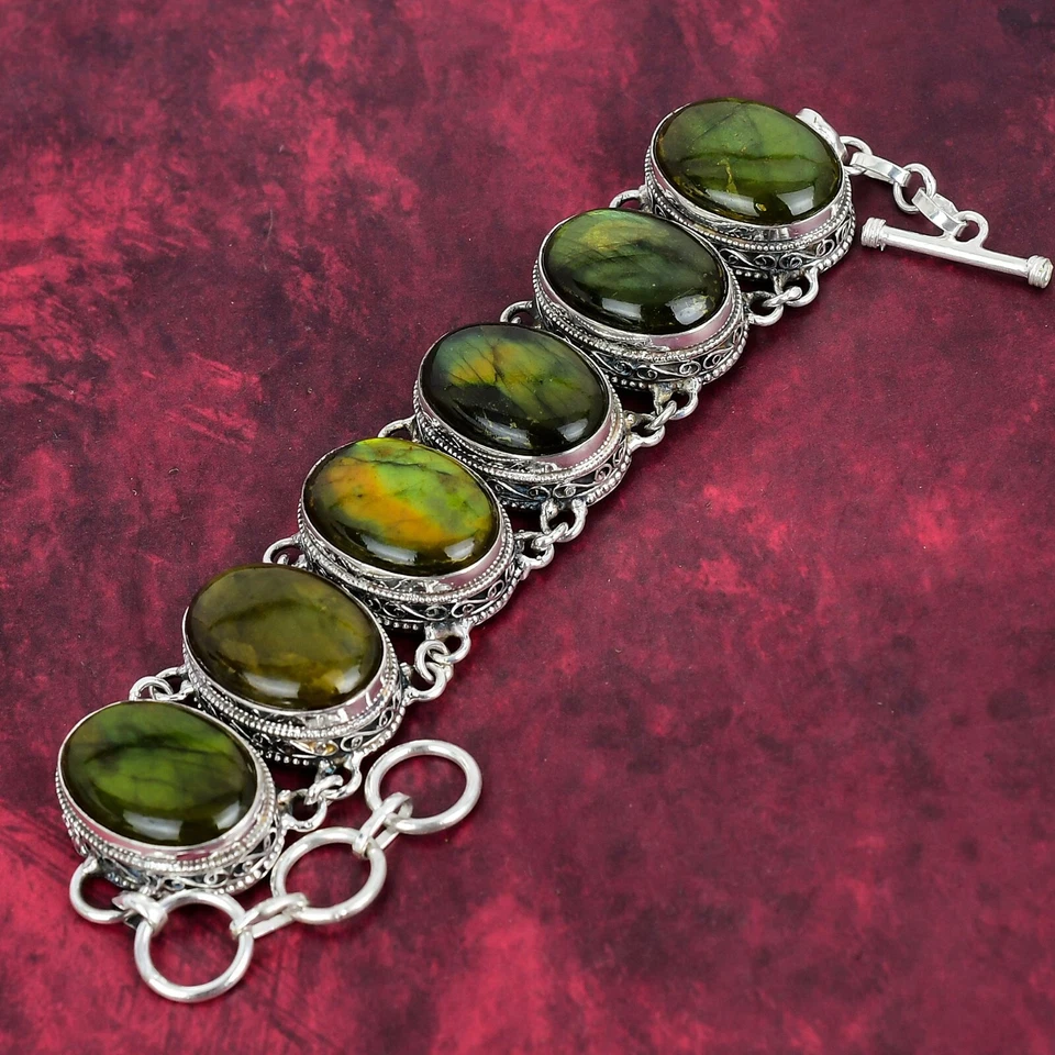Green Flash Labradorite Gemstone Handmade 925 Sterling Silver Jewelry Bracelet - Image 3 of 4