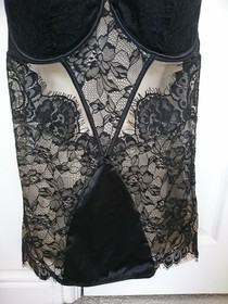 ANN SUMMERS BLACK SATIN,LACE&MESH CAMI SUSPENDER CORSET DRESS 12/14 D/DD