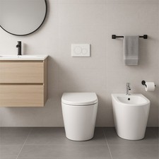 Sanitari bagno filo muro a terra RON rimless con vaso bidet e copriwc avvolgente