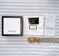 Gucci Men's Adjustable Dress Belt Beige Brown Logo Gold Buckle