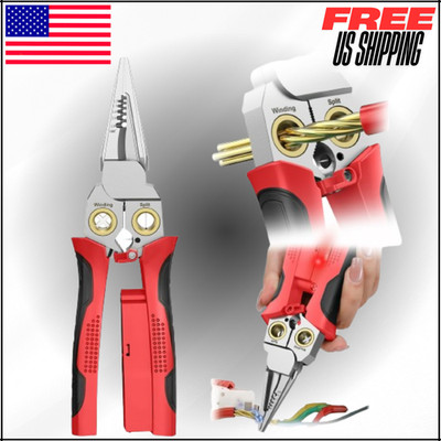 Wire Crimper Stripper with Voltage Detector & Dual Alarms 8in1 12-250V AC/DC Red