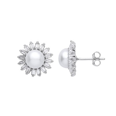 Silber Jewelco London Baguette CZ Perle Vollmond Supernova Ohrstecker 7 mm