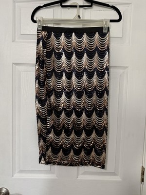 Windsor Sequin Pencil Skirt M Black Gold Art Deco Party Midi New