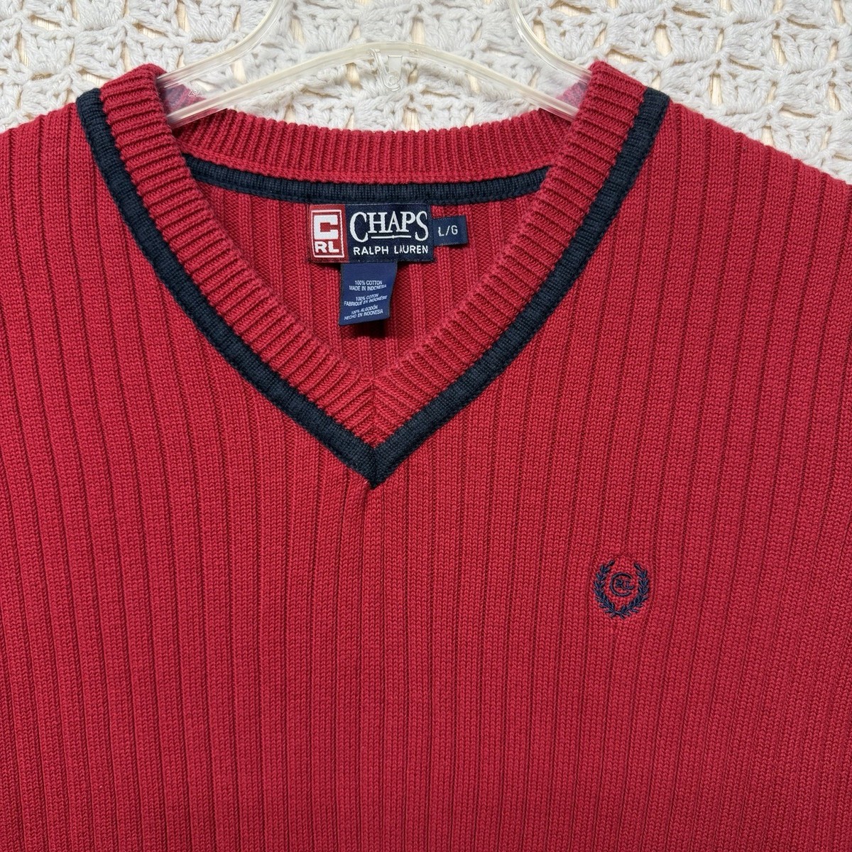 Chaps Ralph Lauren Sweater Vest Mens L Red Sleeveless 100%Cotton V 