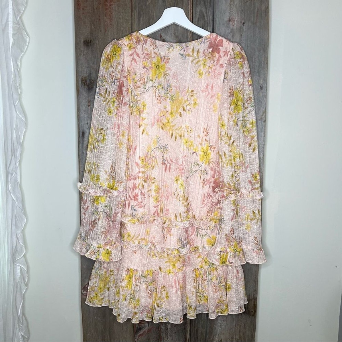 Tularosa Evelyn Dress in Light Rose Floral Print Bell Sleeve Lace Mini Small View 6