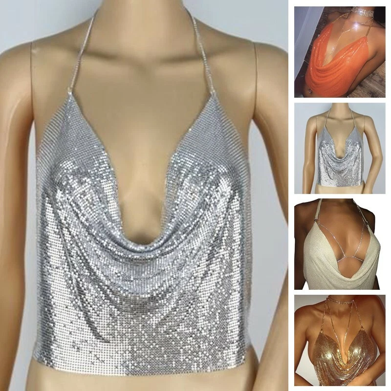 Sexy Women V Neck Sequined Halter Backless Chain Plunge Tank Vest Crop Tops Cami - Image 4 of 4