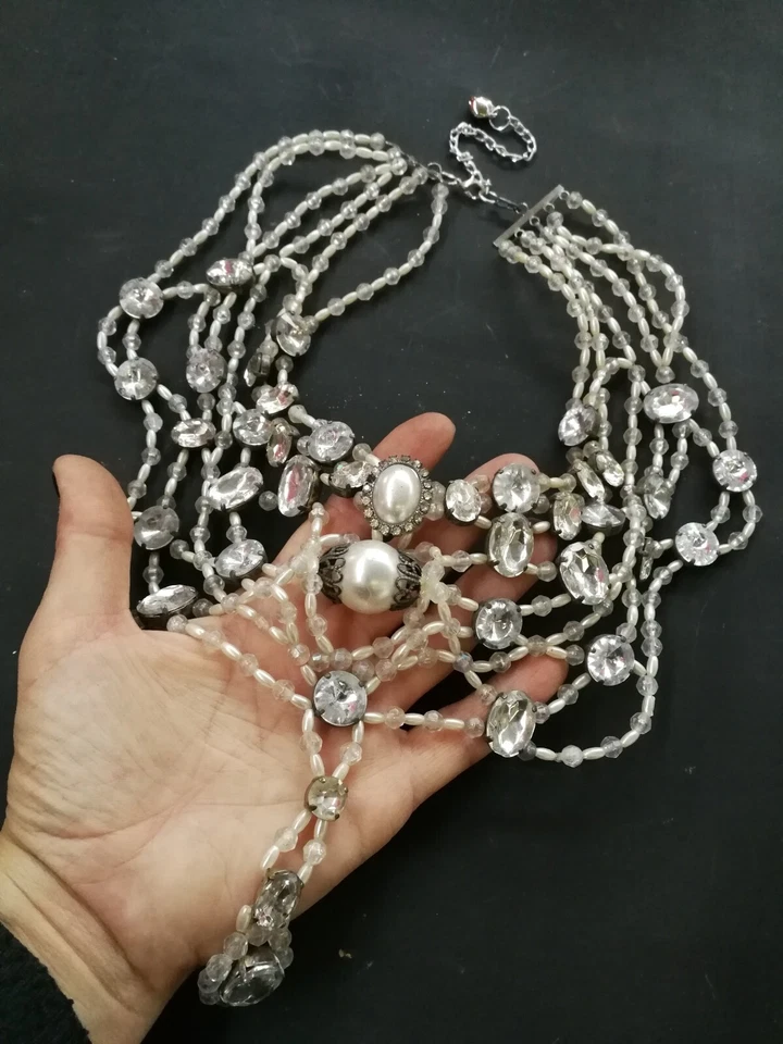 luxury jewelry woman necklace style crystal strass pearl pendant layered bib bid - Image 4 of 4