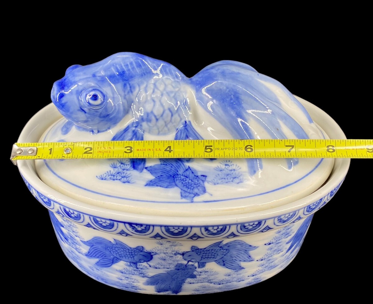 Vintage Chinese Blue & White Koi Fish Covered Oval Vented