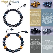 Handcraft Triple Protection Bracelet Crystal Lucky Tiger's Eye Hematite Bangles