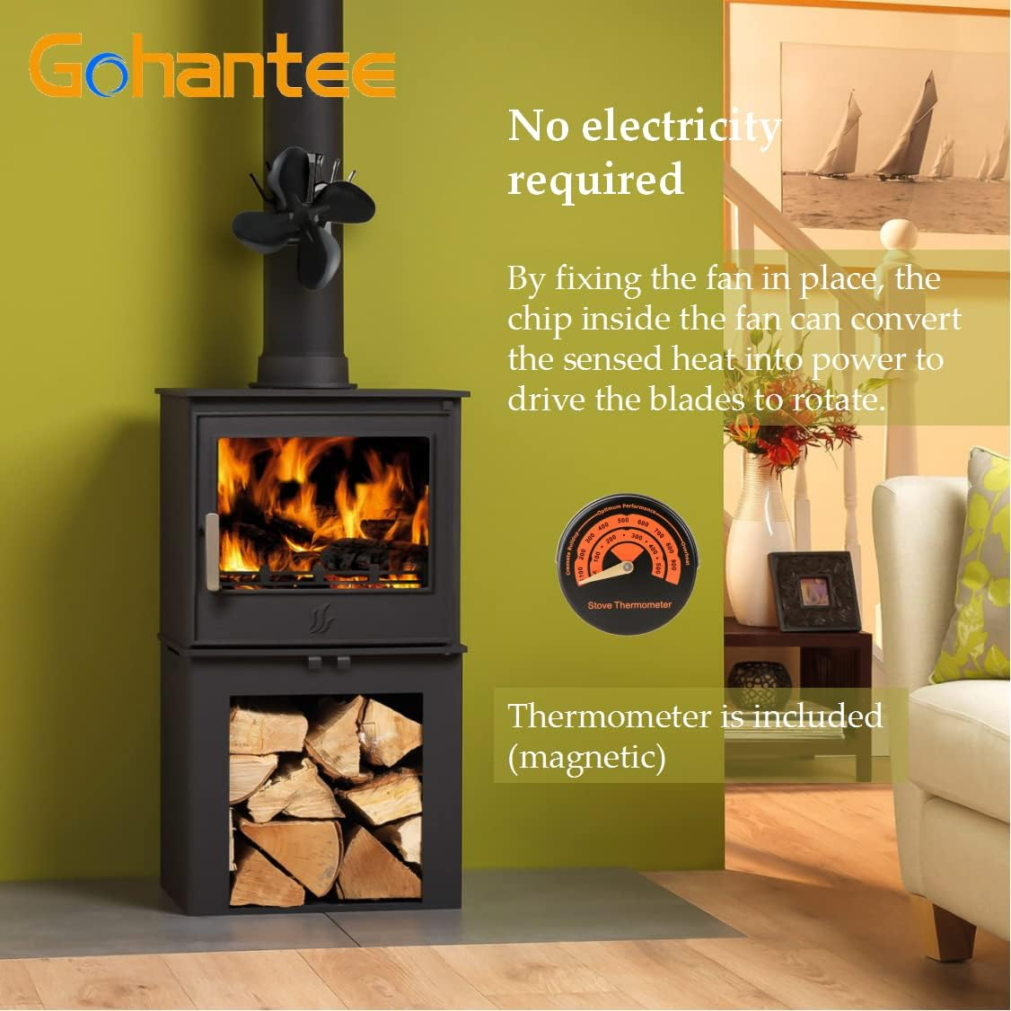 Log Burner Fan 4 Blades Fireplace Flue Pipe Heat Powered Wood Burning
