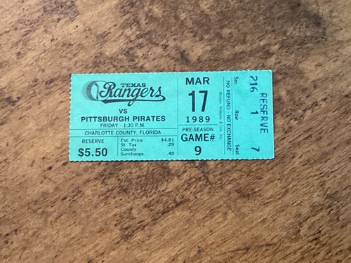 1989 Texas Rangers game Ticket stub Rangers v Pirates 3/17/1989, blue ...