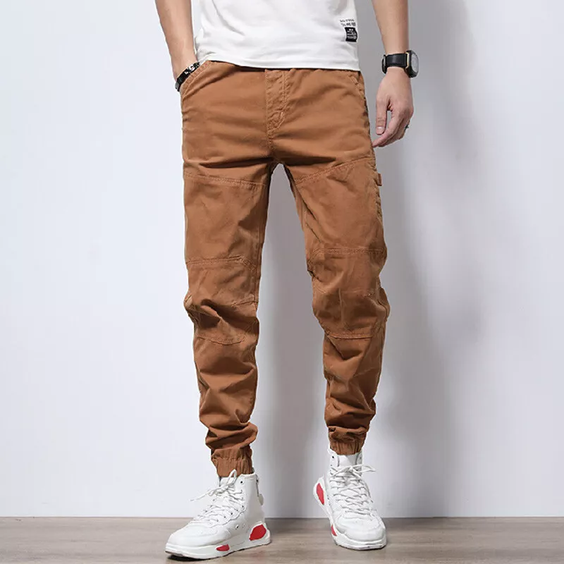 Men Cargo Khakis Pants Tapered Cuffed Joggers Sports Work Trousers