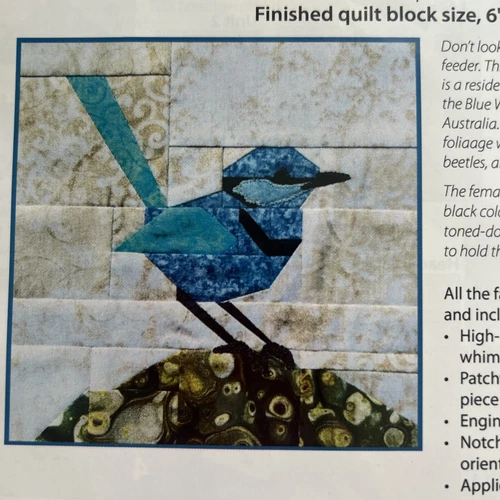Splendid Fairywren Pre Cut Quilt Block From Hummingbird Highway 6”
