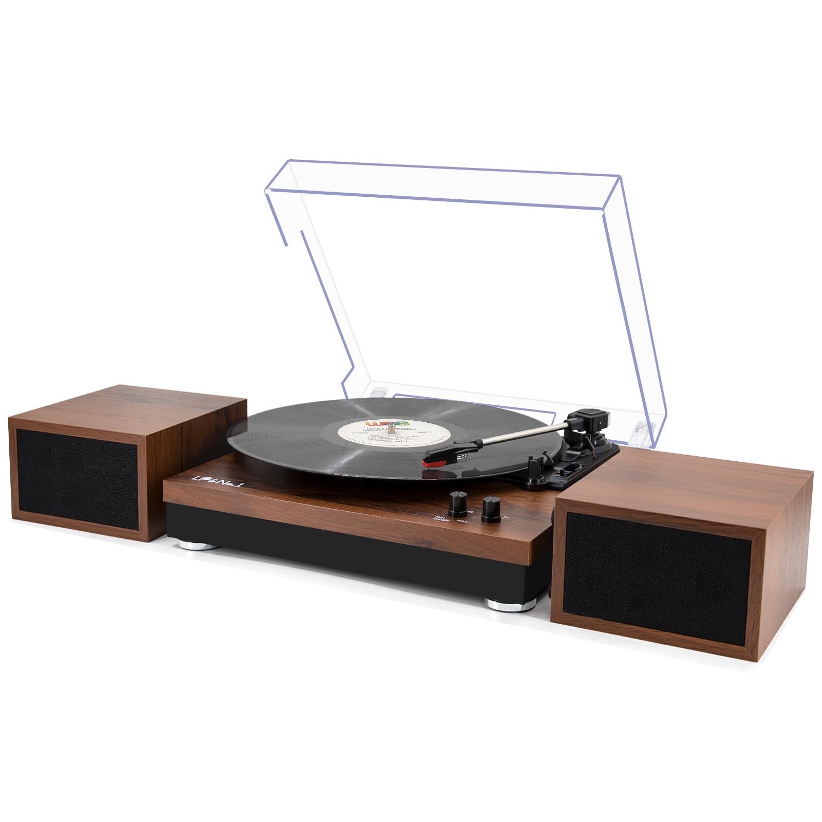 Portable Vinyl Record Player with Bluetooth 5.0, 3-Speed Turntable & Dual Stereo Speakers in Mahogany
