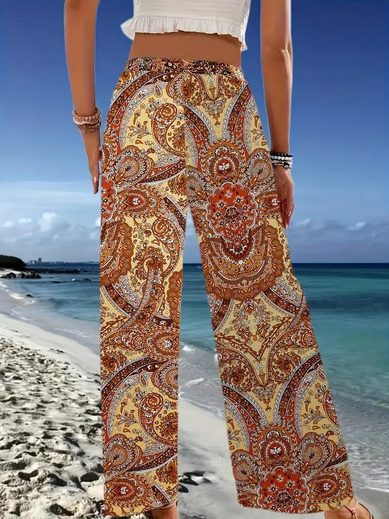 【KIXI】(UNISEX) Unique Painting Button Wide Pants Boho Women Multicolor Paisley Print Wide Leg Pants Elastic