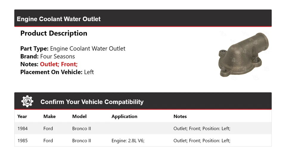 Salida de agua de refrigerante izquierda para motor Ford Bronco II 1984-1985 4 estaciones Foto 2 de 4