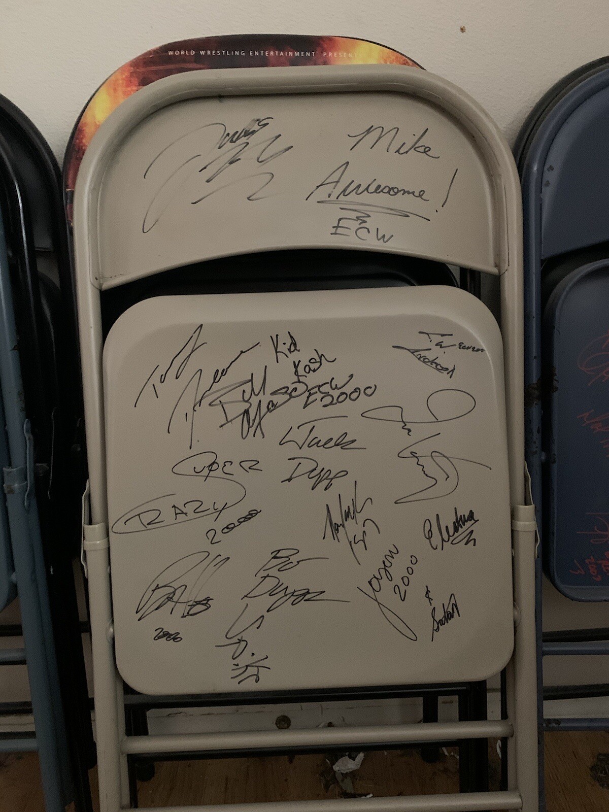 Ecw 16 stars signed steel chair from arena Mike awesome ball Mahoney