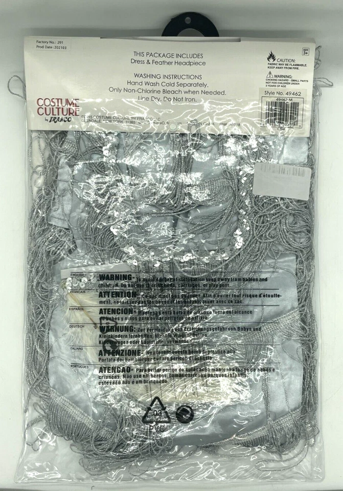 Franco Flapper Child Costume Silver Sequin Dress Feather Headpiece Size Medium - Image 2 of 4