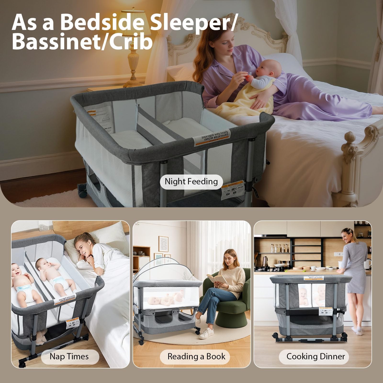 Twin Bassinet for 2 Babies, Double Bassinet for Twins, Rocking Bassinet with ...