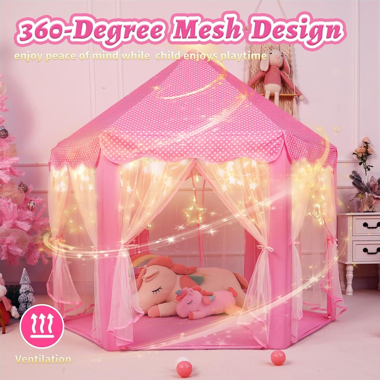 Princess Castle Play Tent for Girls - Large 55'' x 53'' Playhouse with Star L...