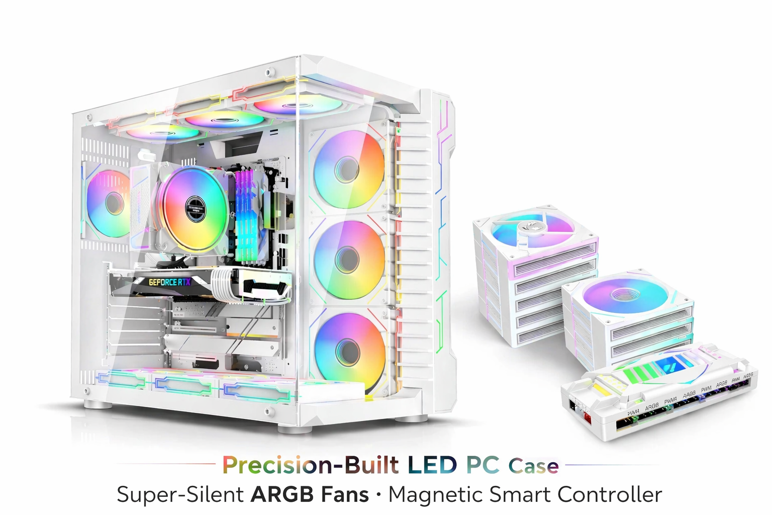 Gaming PC Case RGB ATX Tempered Glass LED Dual Chamber x1-x10 ARGB Fans ...
