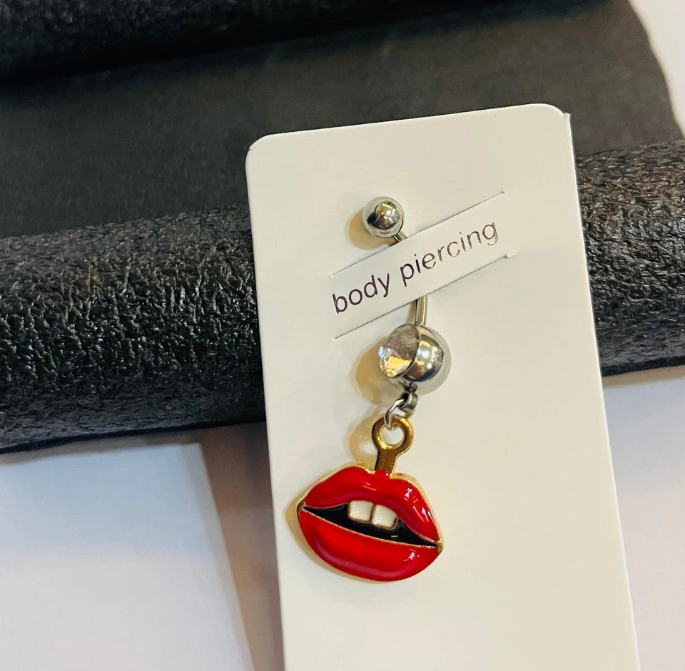 Stylish Belly Button Piercing Crystal Ball Red Lips Charm White Teeth - Image 2 of 4