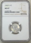 1943 S Lincoln Cent NGC MS67 Very Bright Luster PQ New Special Holder #J215F