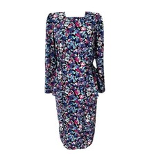 VTG 1980s Brenner Floral Midi Tea Dress Sz 9 10 Peplum Shoulder Pads MADE IN USA