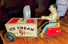 Vintage 1940s Made In USA Walt Reach Courtland Toys Tin Wind Up Ice Cream Vendor