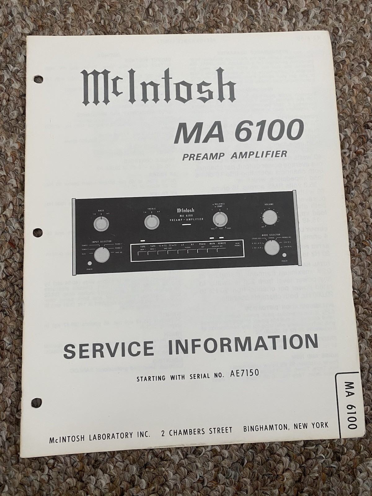 Vintage Mcintosh MA6100 Integrated Amplifier Service Manual Information Original